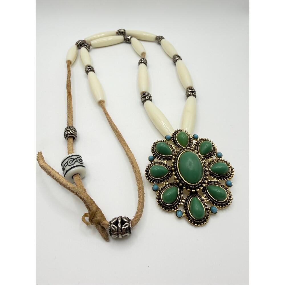 Western Turquoise Statement Pendant Necklace Adjustable Ivory Beads - Picture 5 of 7